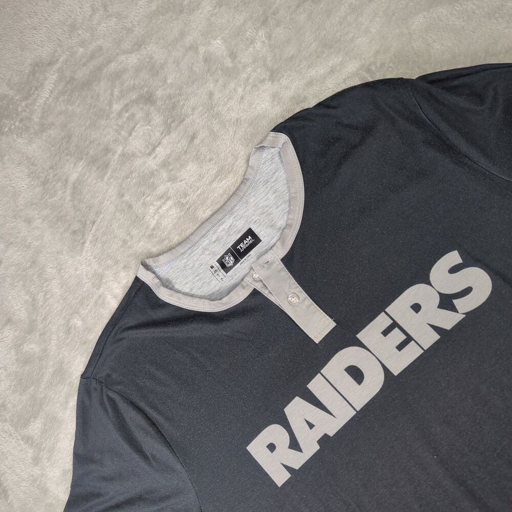 NFL Team Apparel Men XL Raiders Henley Shirt Black Gray Stretch Football Tee L/S
